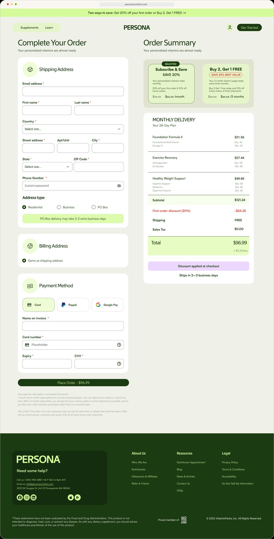 Persona checkout page, old version