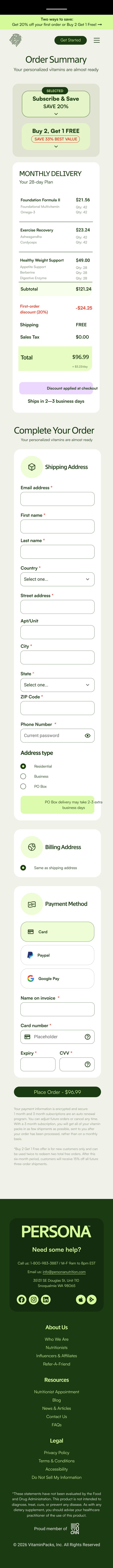 Persona checkout page, current, mobile