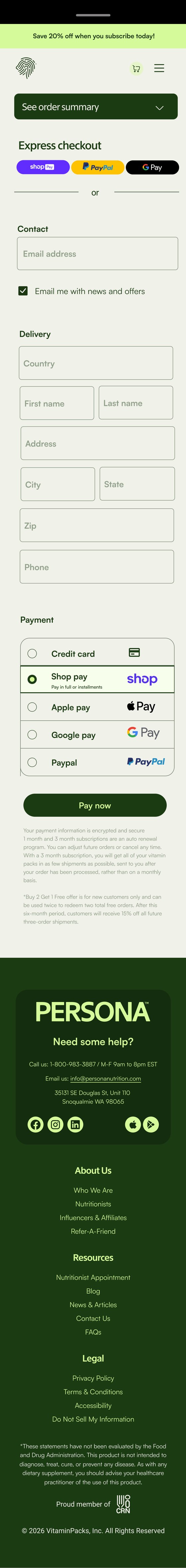 Persona checkout page, future, mobile