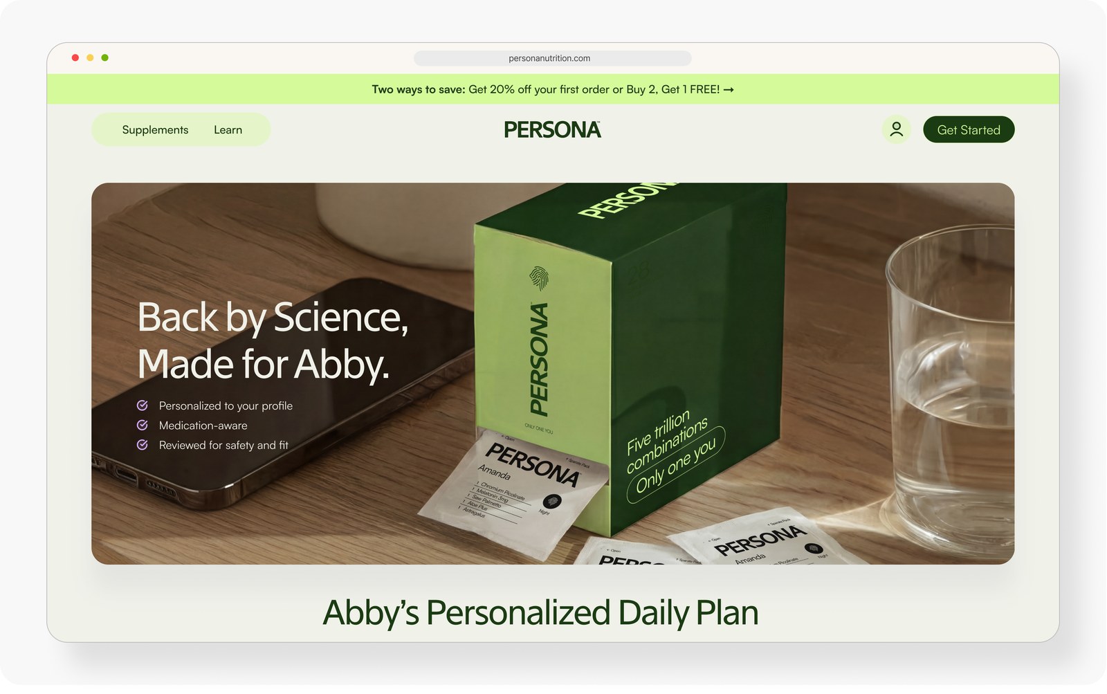 Persona Nutrition personalized daily plan at checkout