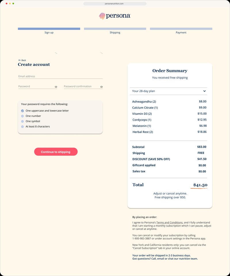 Old checkout, step 1: create account