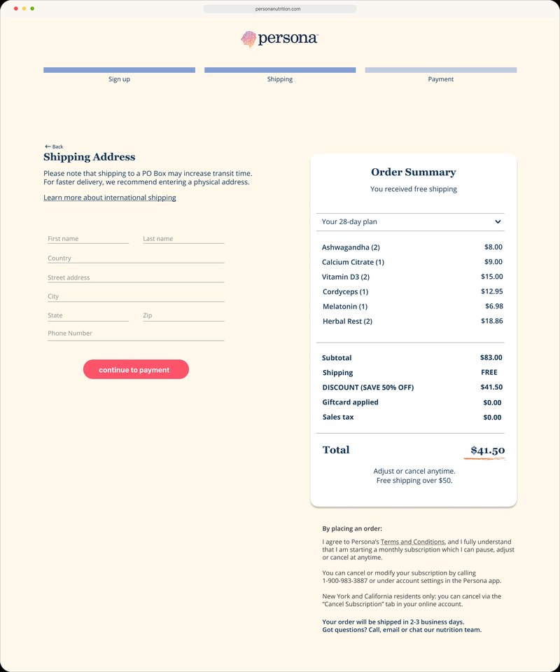 Old checkout, step 2: shipping