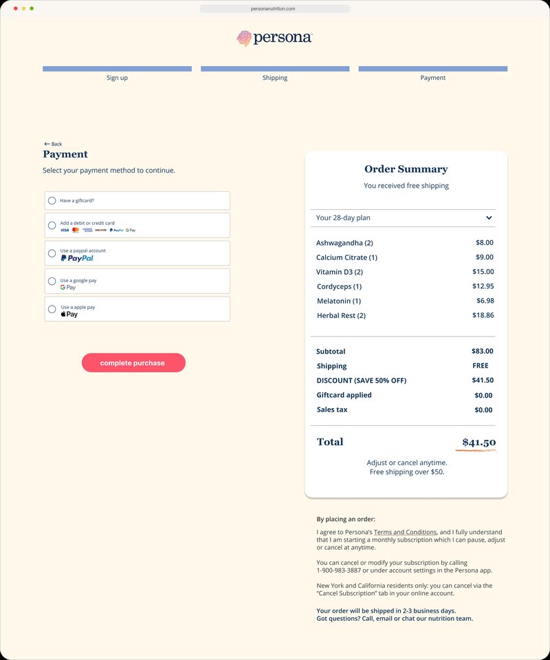Old checkout, step 3: payment