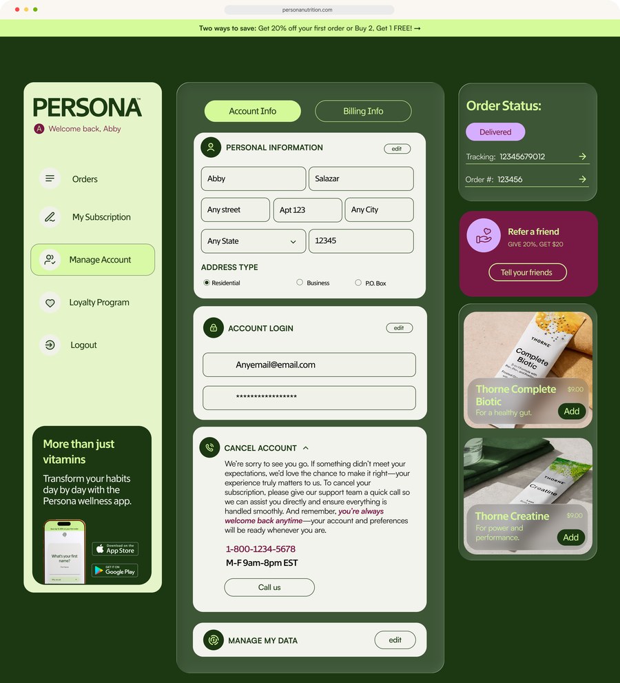 Persona dashboard, Manage Account