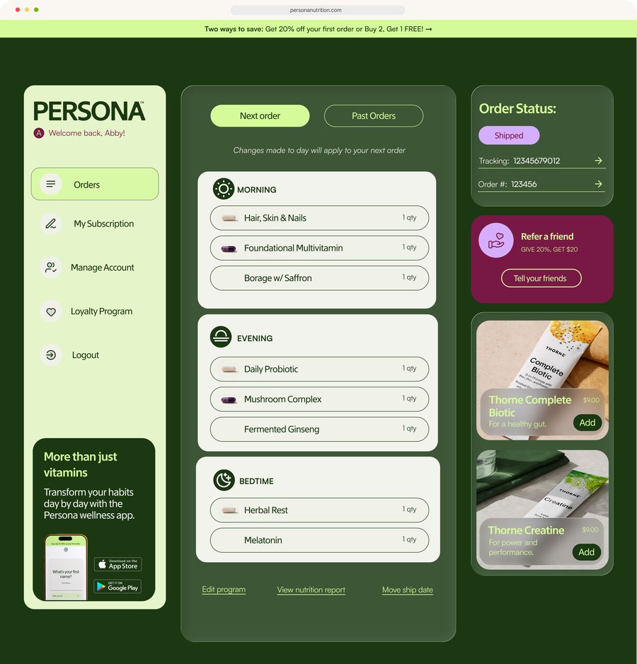 Persona dashboard, Orders