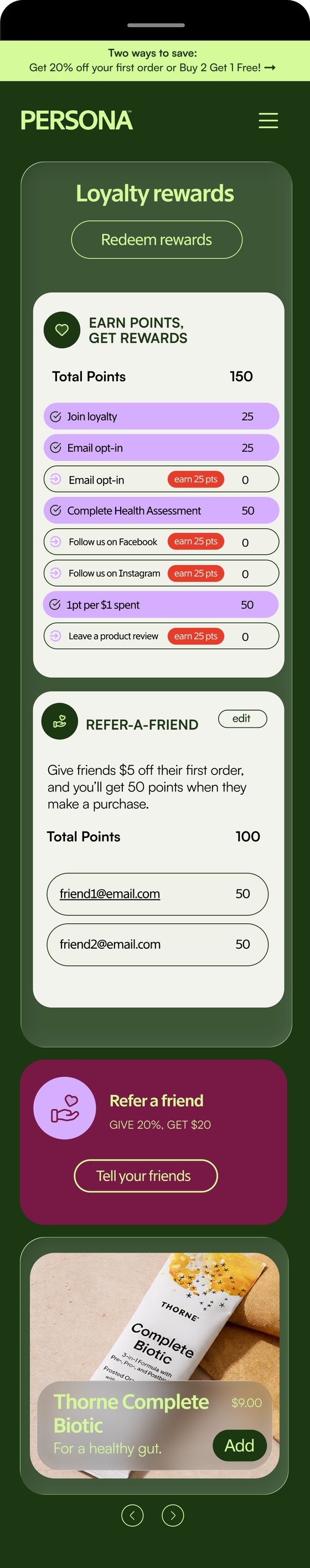 Persona dashboard, Loyalty Program, mobile