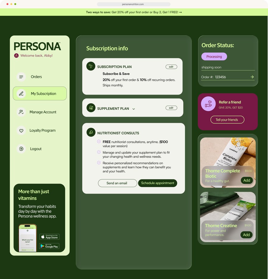 Persona dashboard, My Subscription