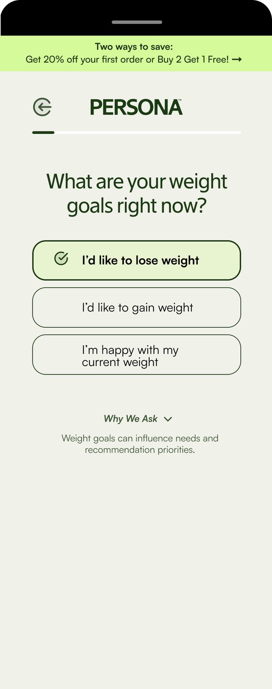Persona assessment, single select, mobile